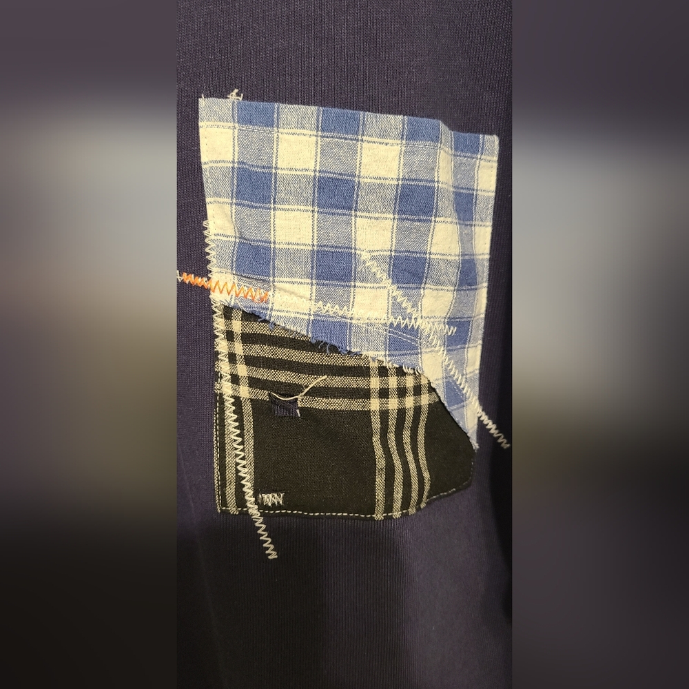 Men's Navy Blue Patchwork Tee with Plaid Accents - Picture 5 of 6